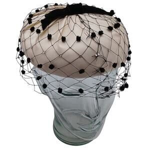 Ivory Fabric & Satin Pillbox Ladies Hat W/ Black Net Veil -Cathay of California